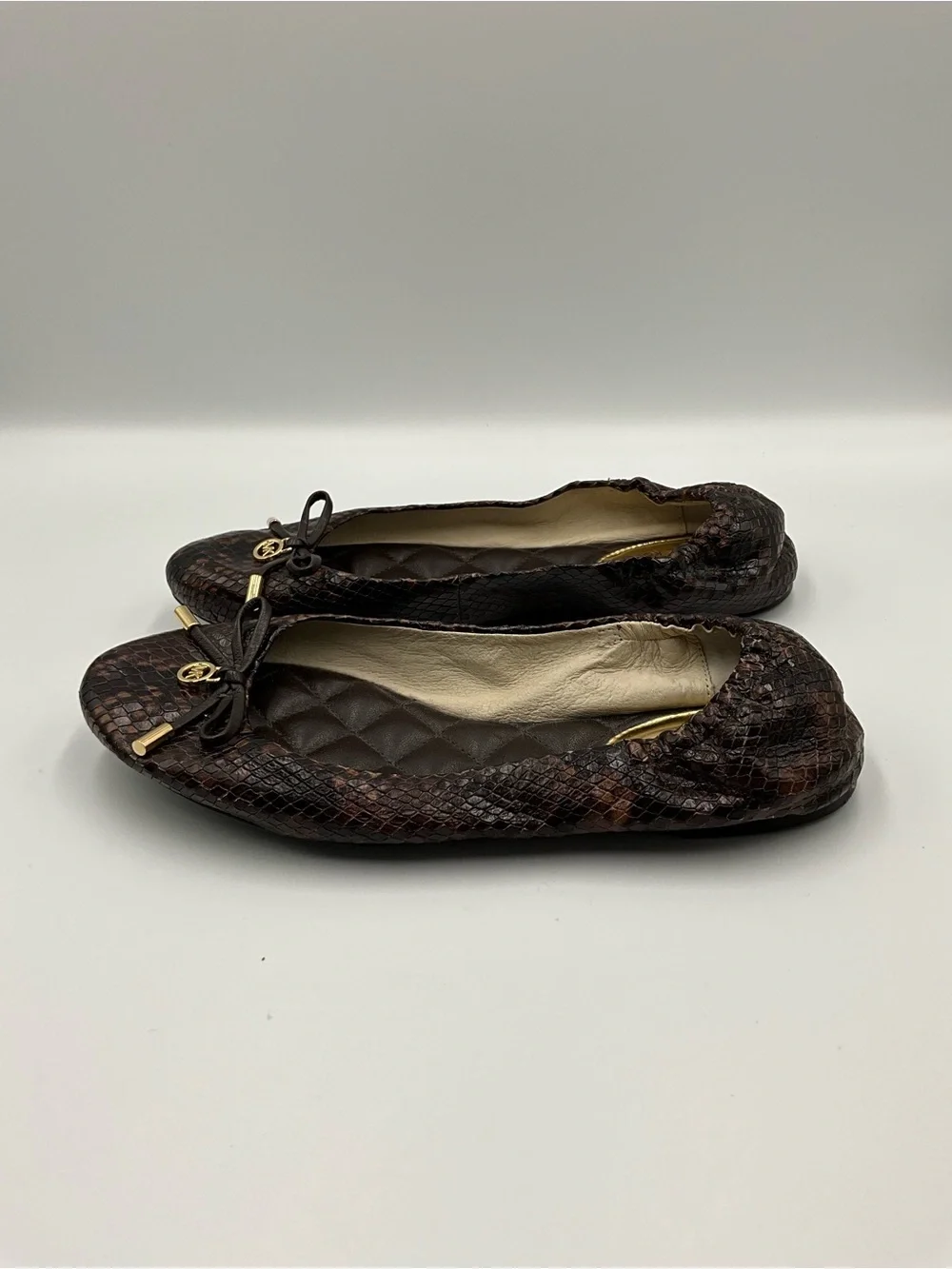 Michael Kors Flats Size 6.5 Brown Snakeskin-Print Ballet Flats with Gold Logo